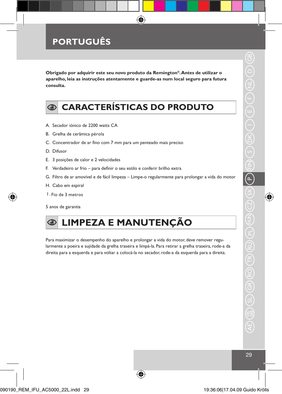 Limpeza e manutenção, Português, Características do produto | Remington AC5011 User Manual | Page 31 / 68