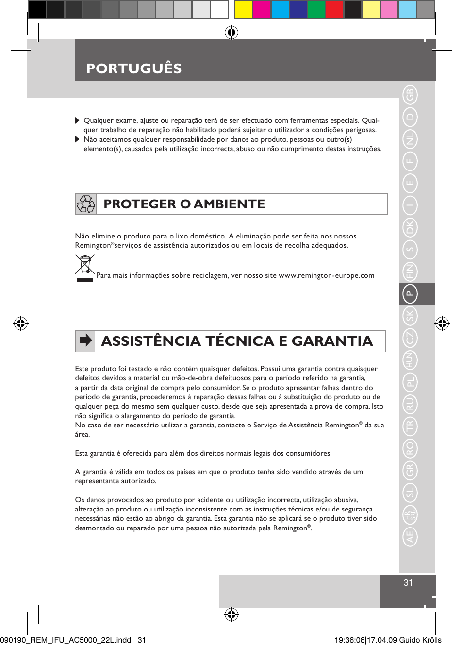 Português, Assistência técnica e garantia, Proteger o ambiente | Remington AC5011 User Manual | Page 33 / 68