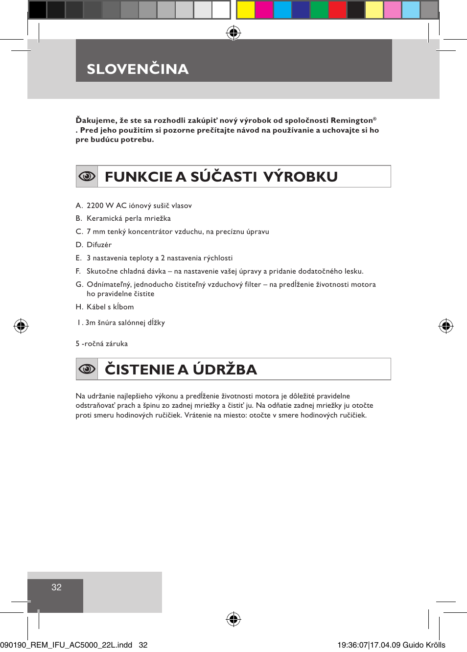 Slovenčina, Funkcie a súčasti výrobku, Čistenie a údržba | Remington AC5011 User Manual | Page 34 / 68