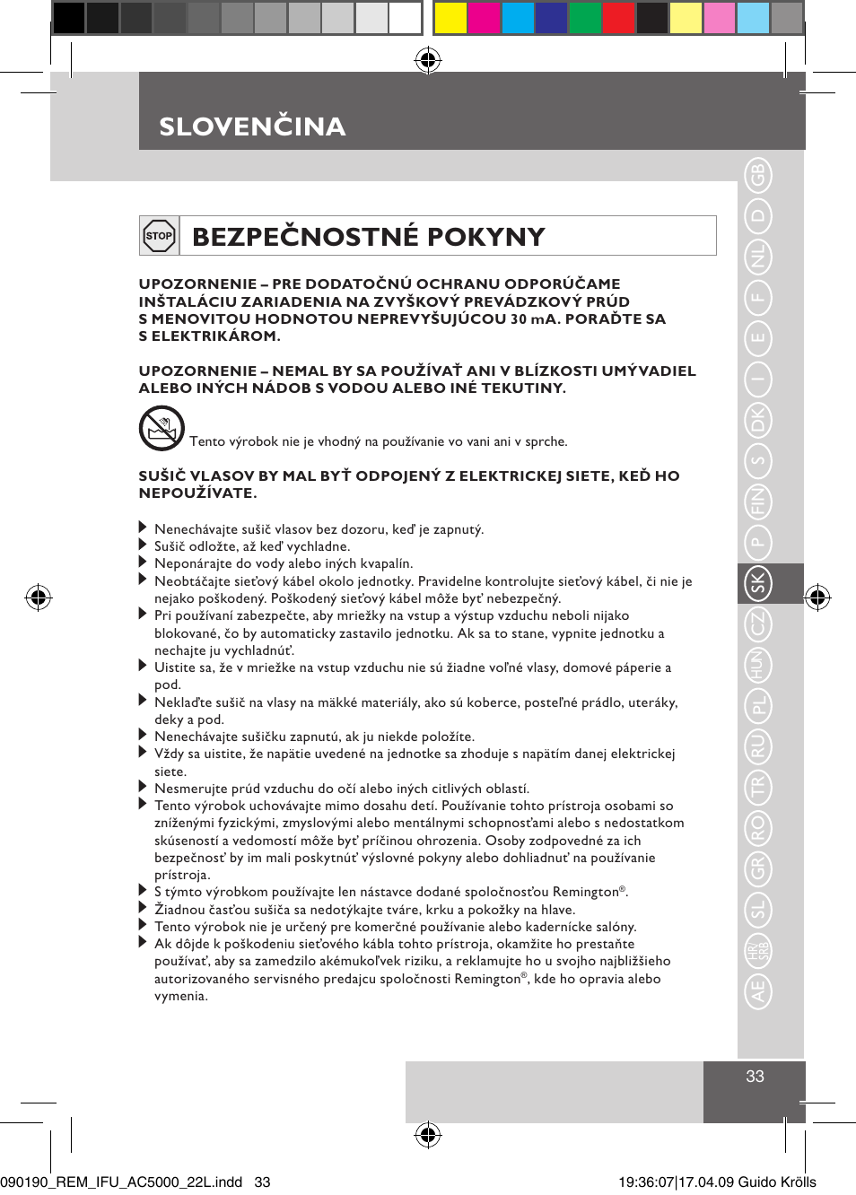 Slovenčina, Slovenčina bezpečnostné pokyny | Remington AC5011 User Manual | Page 35 / 68