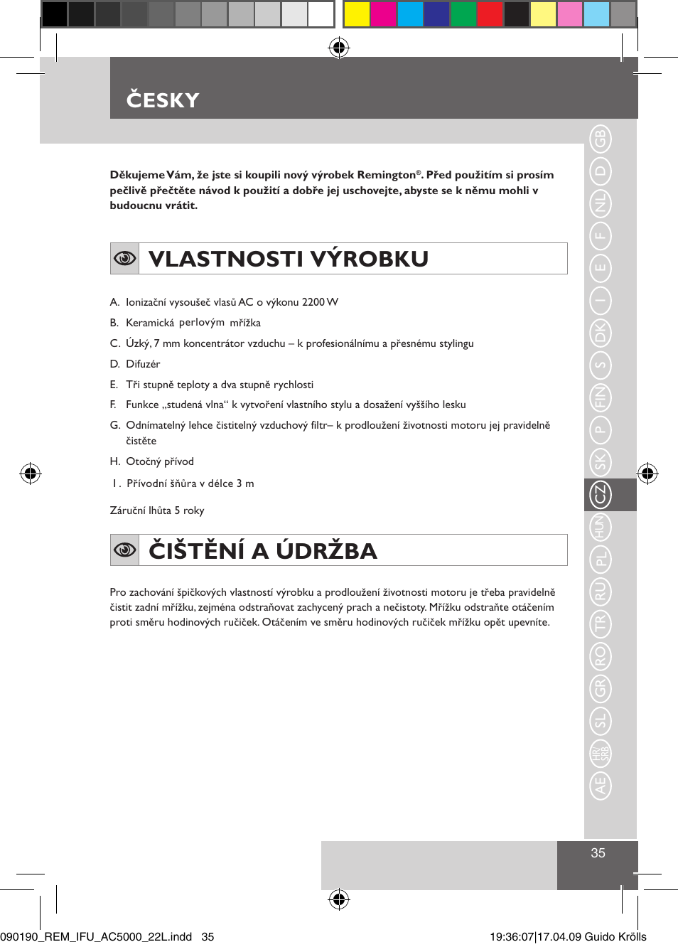 Vlastnosti výrobku, Čištění a údržba, Česky | Remington AC5011 User Manual | Page 37 / 68