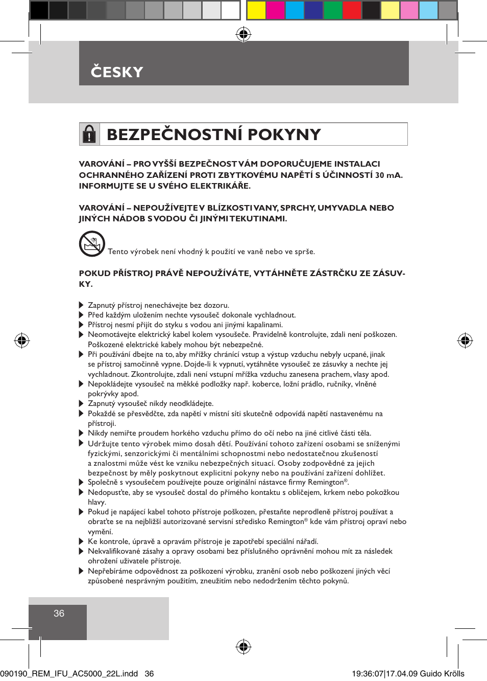 Bezpečnostní pokyny, Česky | Remington AC5011 User Manual | Page 38 / 68