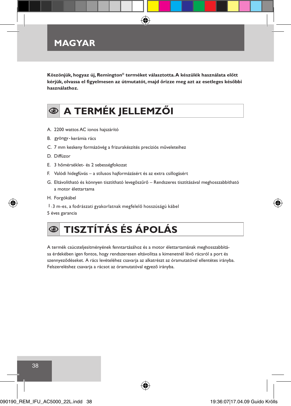 A termék jellemzői, Tisztítás és ápolás, Magyar | Remington AC5011 User Manual | Page 40 / 68