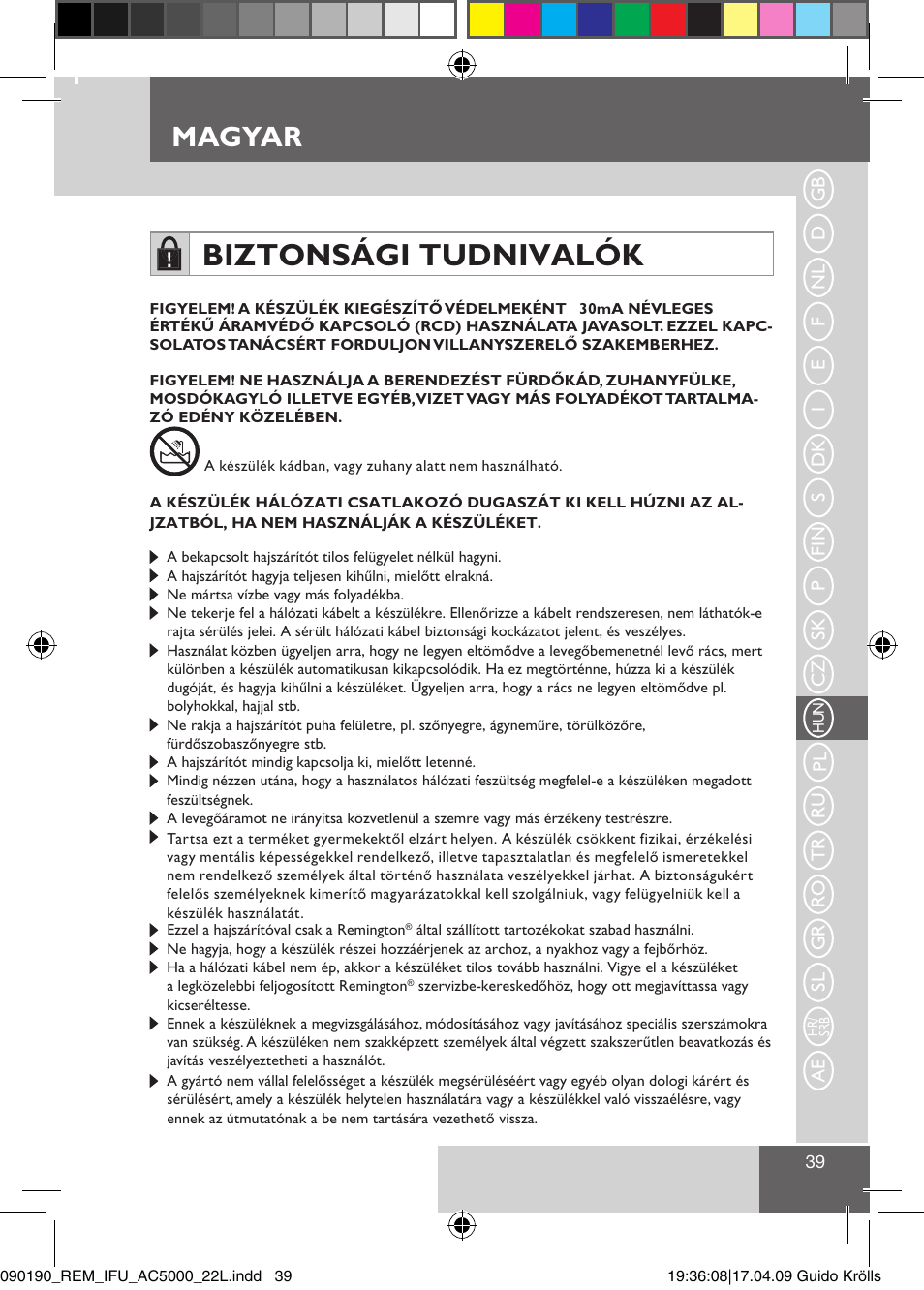 Biztonsági tudnivalók, Magyar | Remington AC5011 User Manual | Page 41 / 68