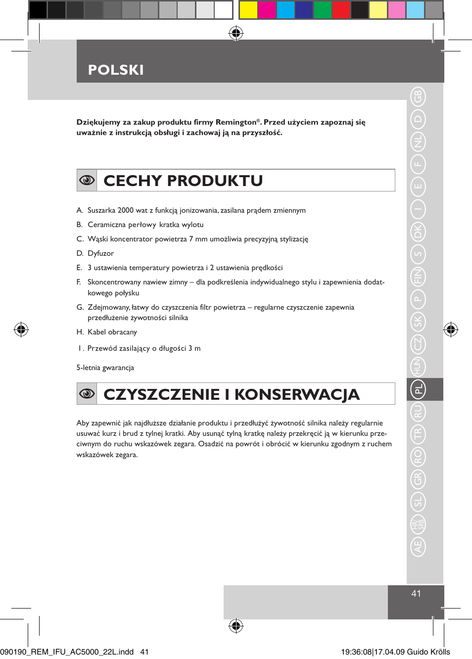 Cechy produktu, Czyszczenie i konserwacja, Polski | Remington AC5011 User Manual | Page 43 / 68