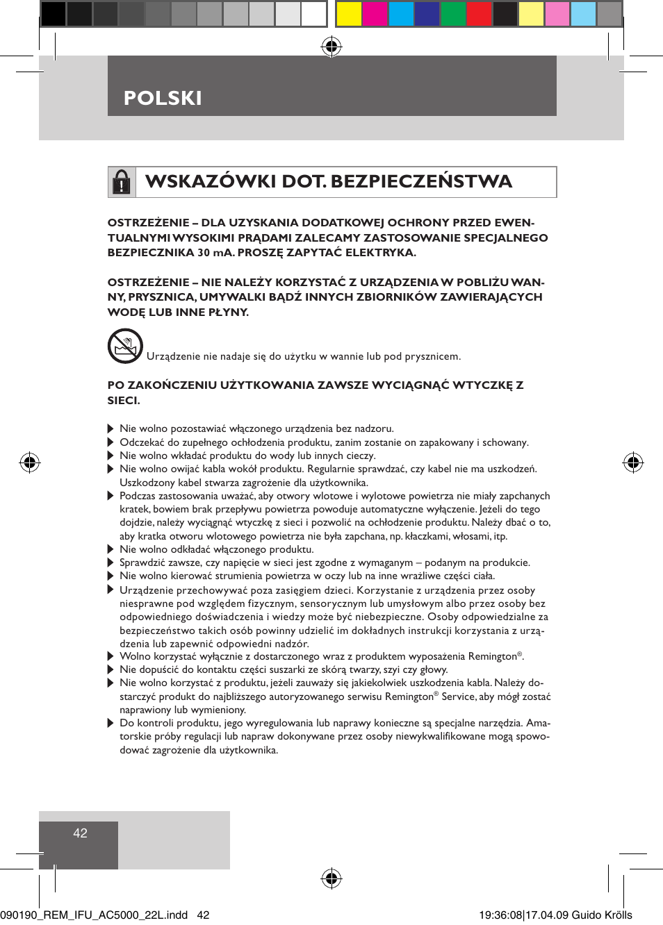 Polski, Wskazówki dot. bezpieczeństwa | Remington AC5011 User Manual | Page 44 / 68