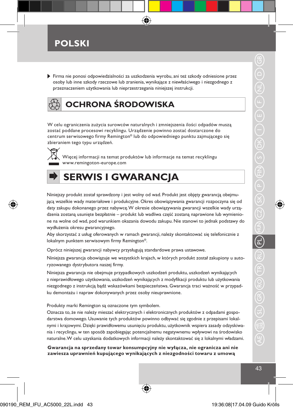 Serwis i gwarancja, Polski, Ochrona środowiska | Remington AC5011 User Manual | Page 45 / 68