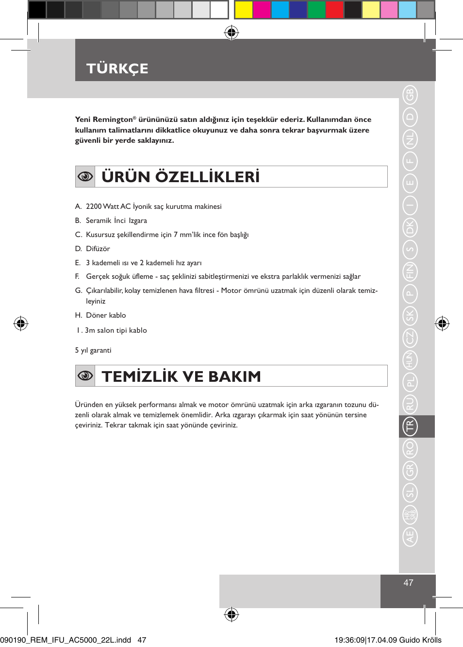 Ürün özellikleri, Temizlik ve bakim, Türkçe | Remington AC5011 User Manual | Page 49 / 68