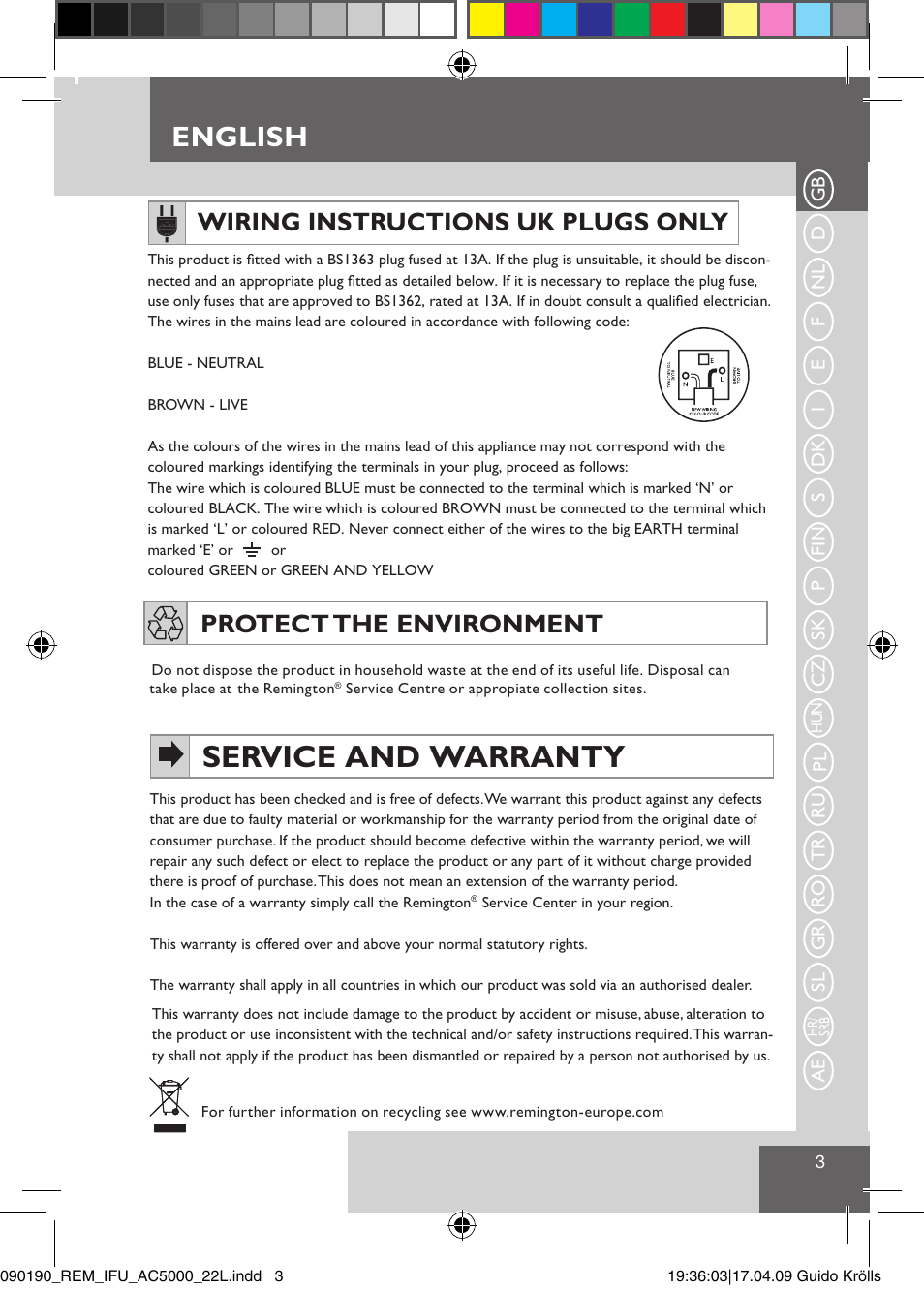 Service and warranty, English, Wiring instructions uk plugs only | Protect the environment | Remington AC5011 User Manual | Page 5 / 68