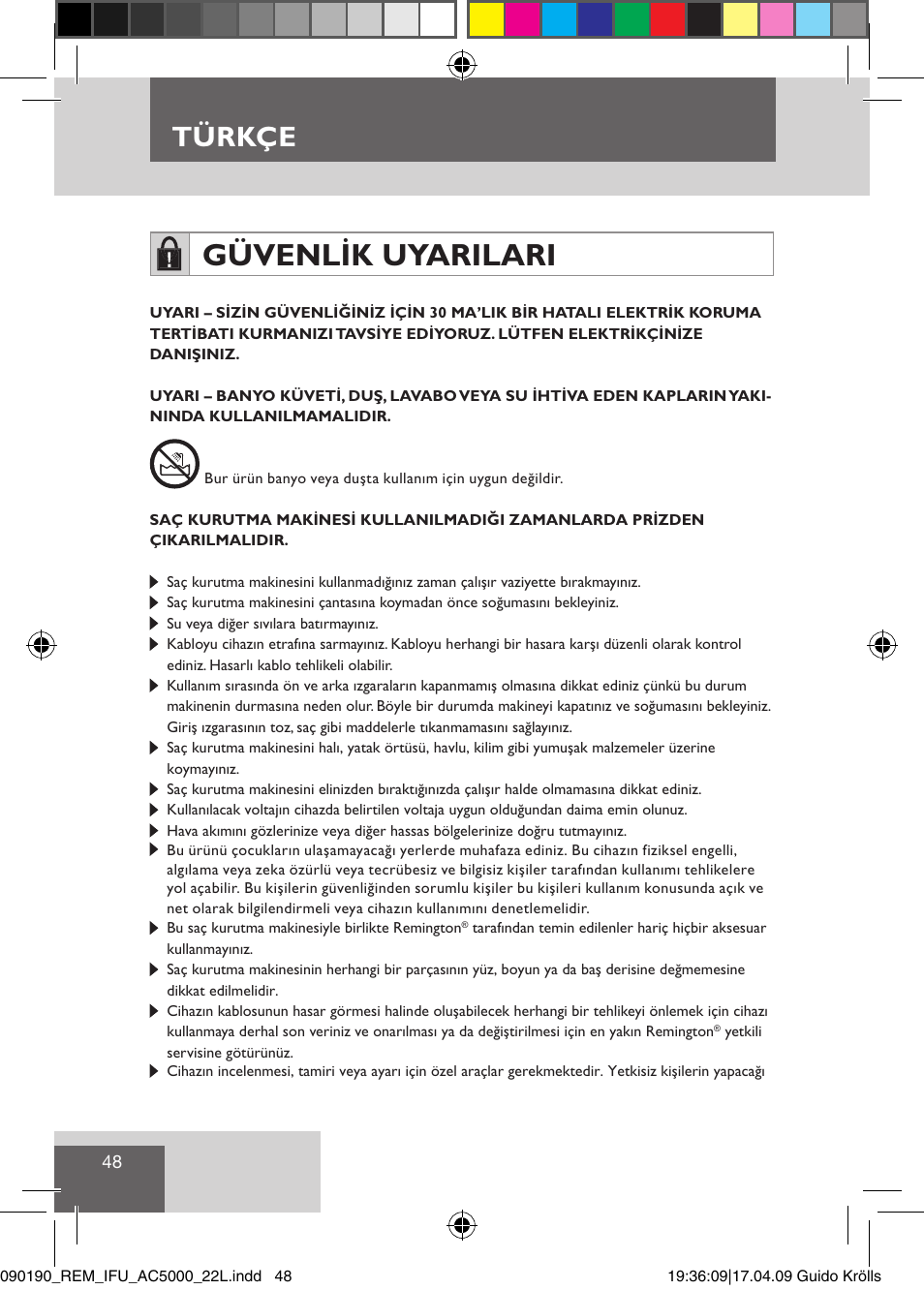 Güvenlik uyarilari, Türkçe | Remington AC5011 User Manual | Page 50 / 68