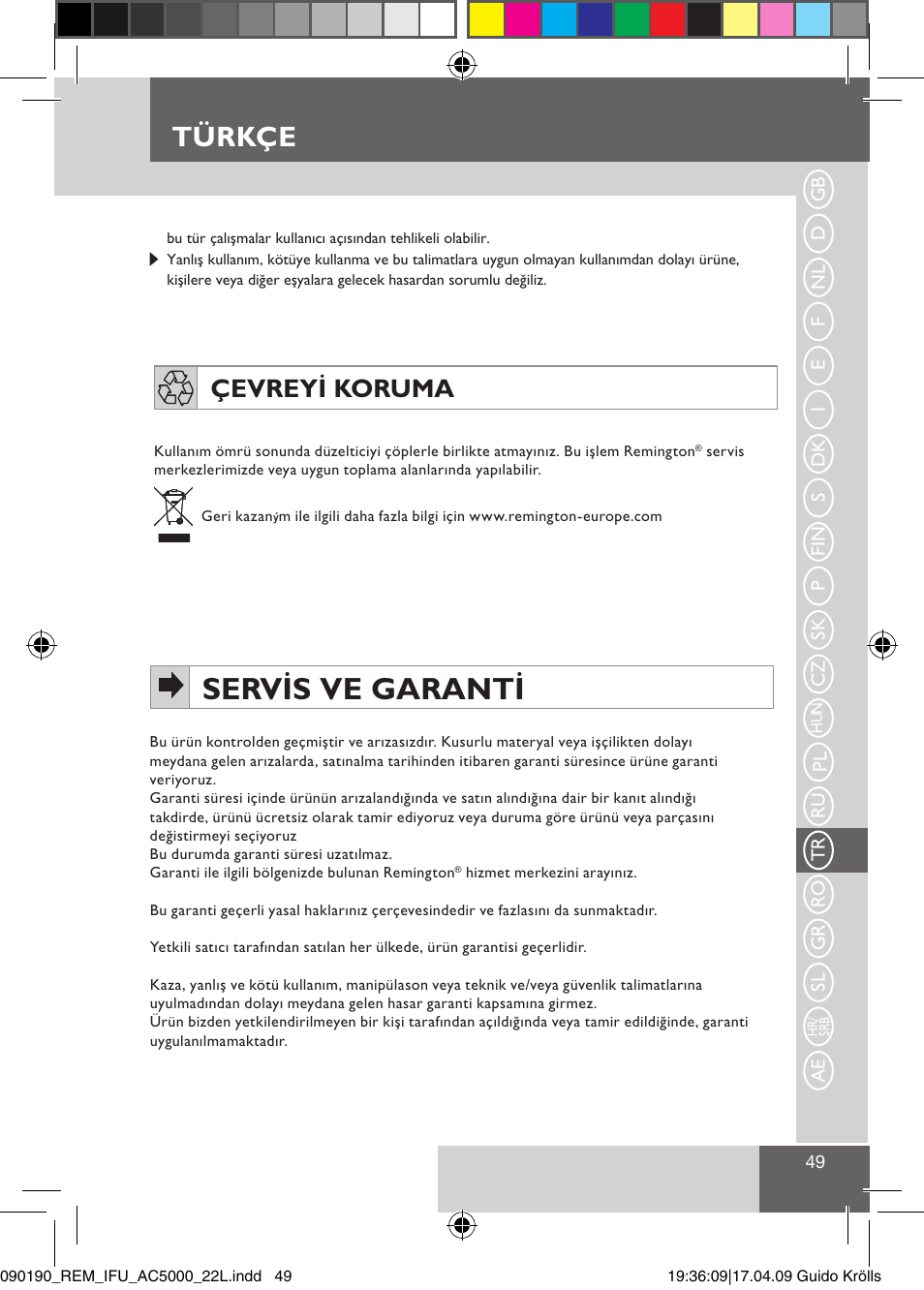 Servis ve garanti, Türkçe, Çevreyi koruma | Remington AC5011 User Manual | Page 51 / 68