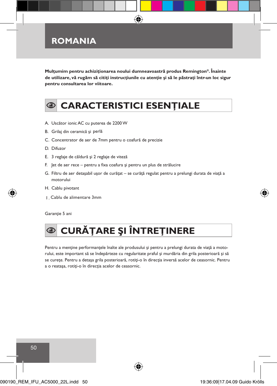 Caracteristici esenţiale, Curăţare şi întreţinere, Romania | Remington AC5011 User Manual | Page 52 / 68