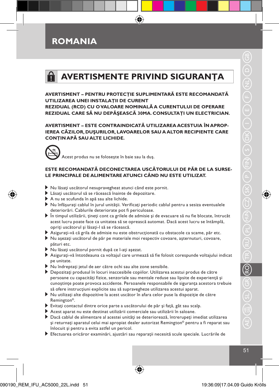 Romania, Avertismente privind siguranţa | Remington AC5011 User Manual | Page 53 / 68