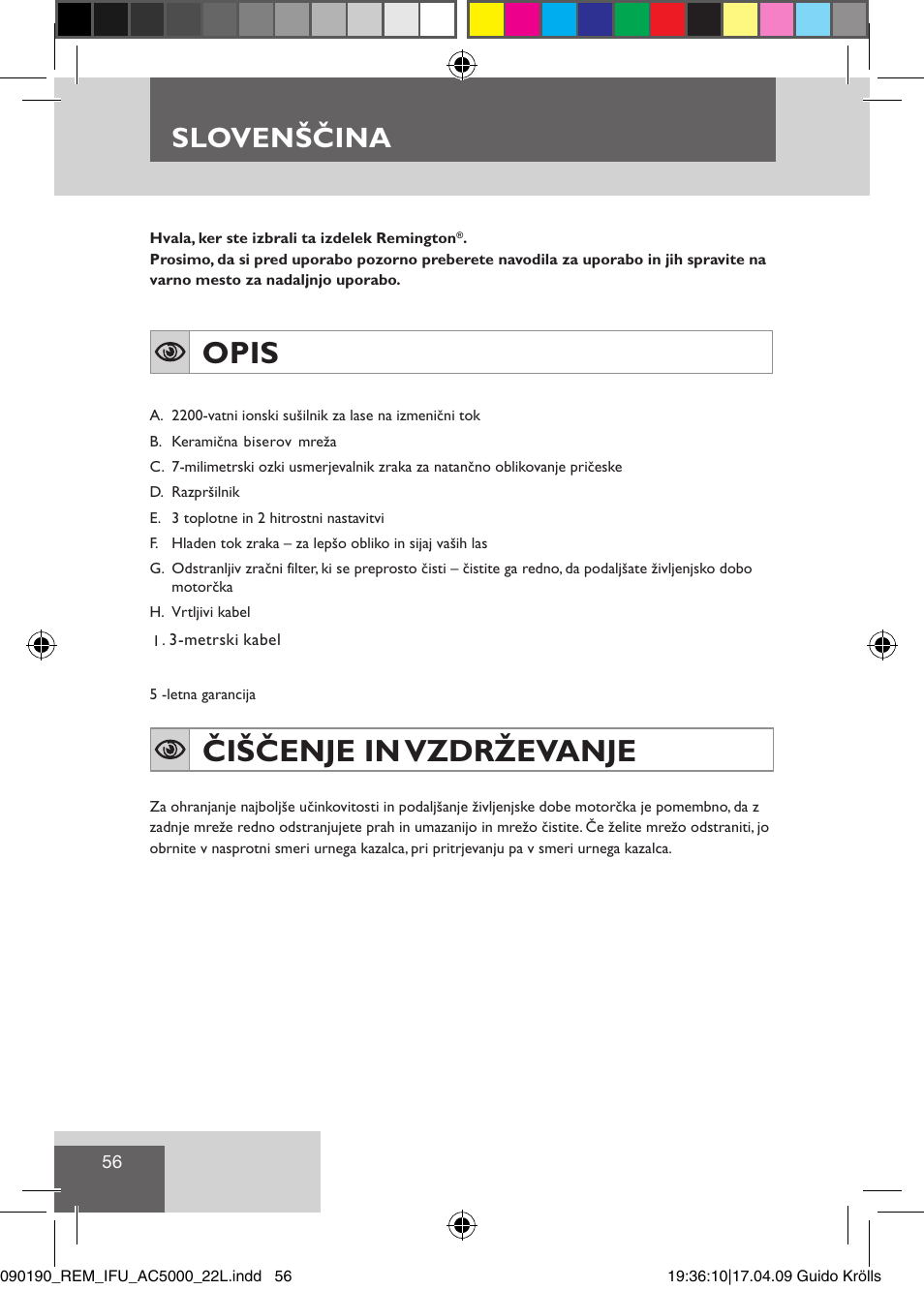 Opis, Čiščenje in vzdrževanje, Slovenščina | Remington AC5011 User Manual | Page 58 / 68