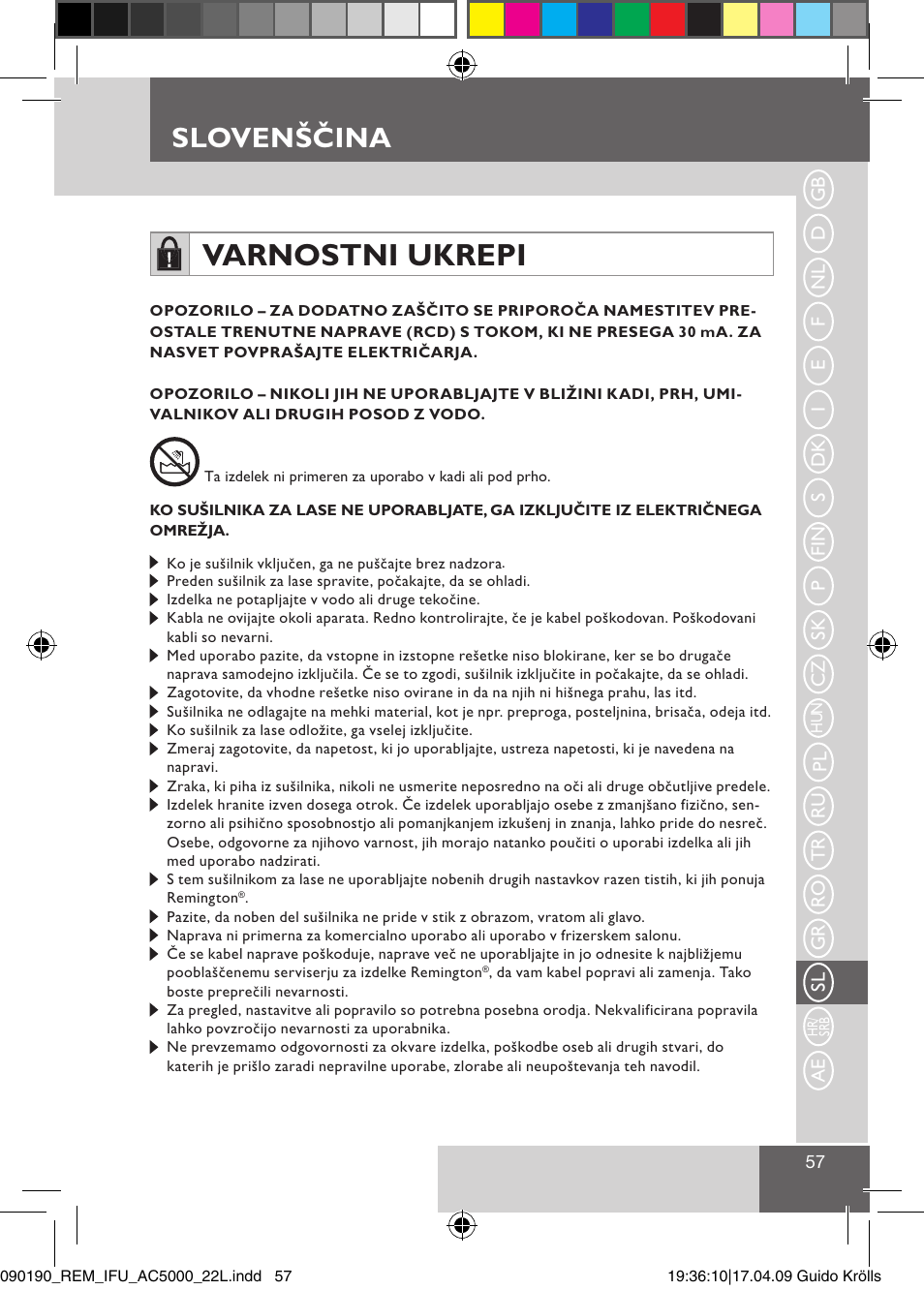 Varnostni ukrepi, Slovenščina | Remington AC5011 User Manual | Page 59 / 68