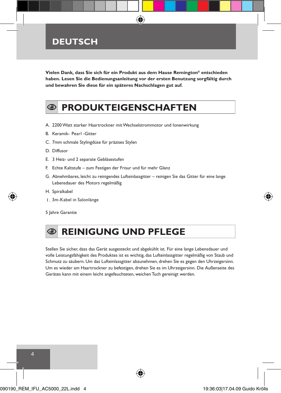 Produkteigenschaften, Reinigung und pflege, Deutsch | Remington AC5011 User Manual | Page 6 / 68