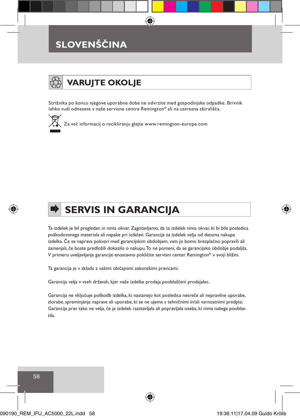 Servis in garancija, Slovenščina, Varujte okolje | Remington AC5011 User Manual | Page 60 / 68