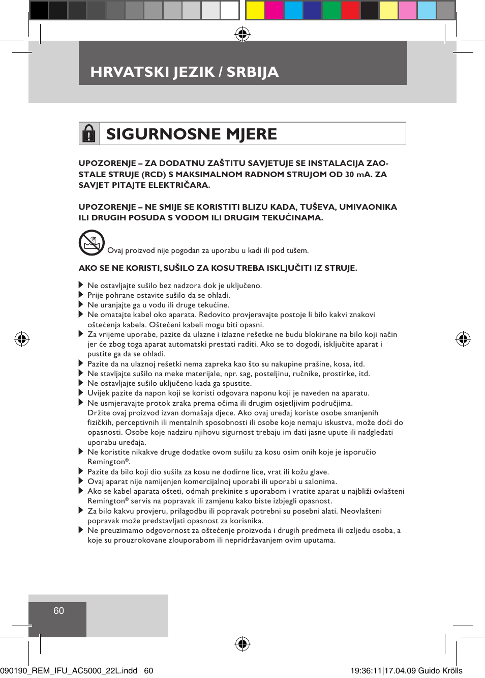 Sigurnosne mjere, Hrvatski jezik / srbija | Remington AC5011 User Manual | Page 62 / 68