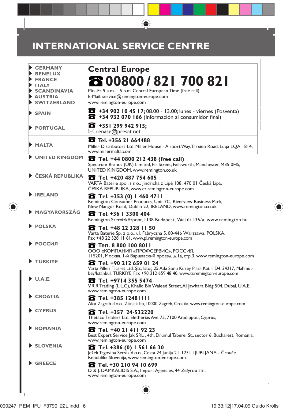 International service centre, Central europe | Remington AC5011 User Manual | Page 67 / 68