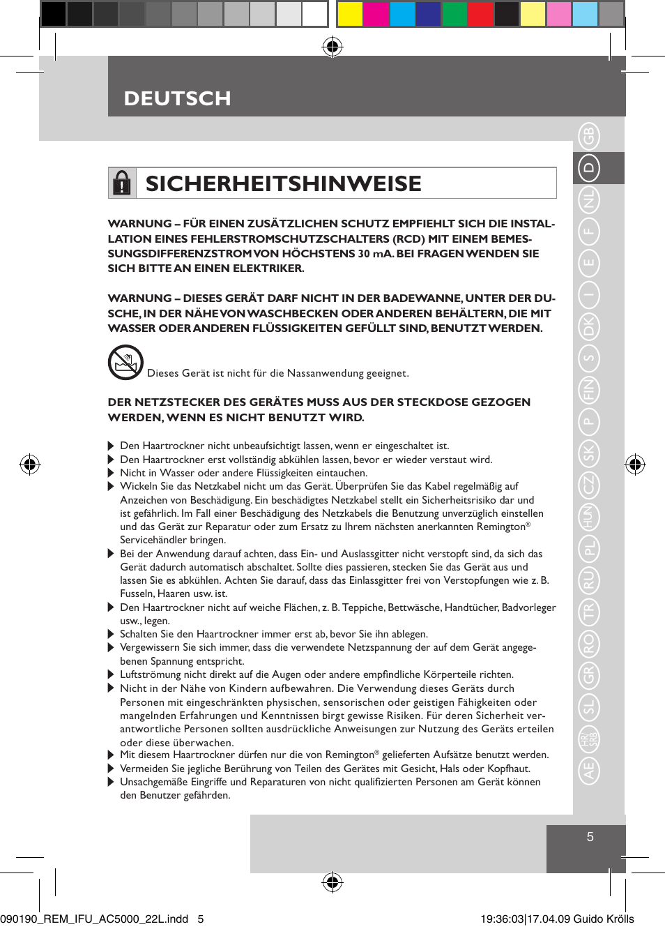 Sicherheitshinweise, Deutsch | Remington AC5011 User Manual | Page 7 / 68