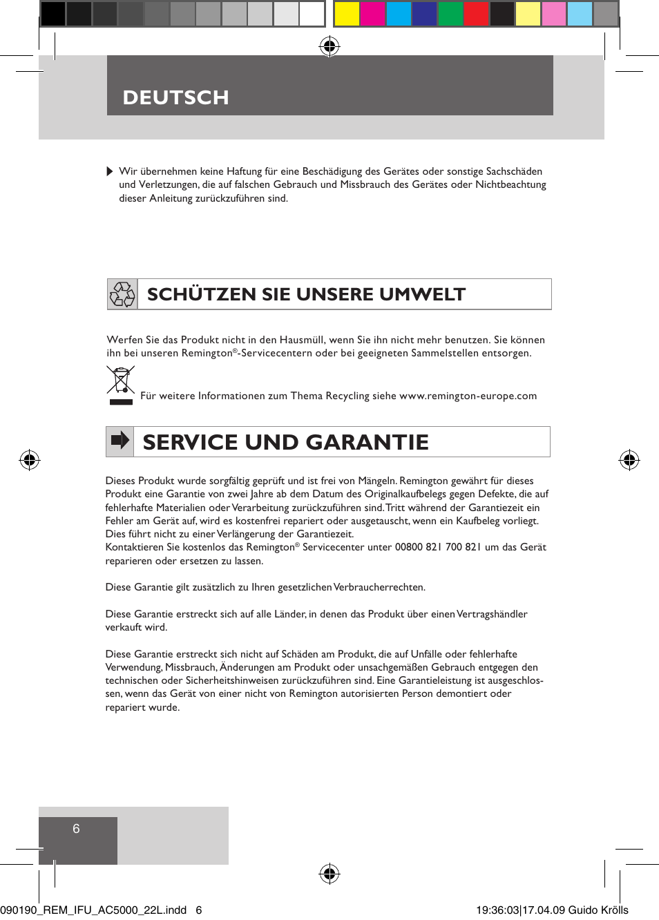 Service und garantie, Deutsch, Schützen sie unsere umwelt | Remington AC5011 User Manual | Page 8 / 68