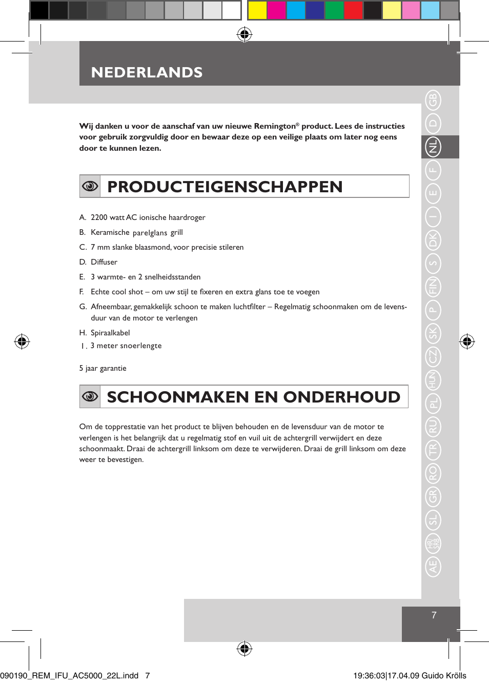 Producteigenschappen, Schoonmaken en onderhoud, Nederlands | Remington AC5011 User Manual | Page 9 / 68