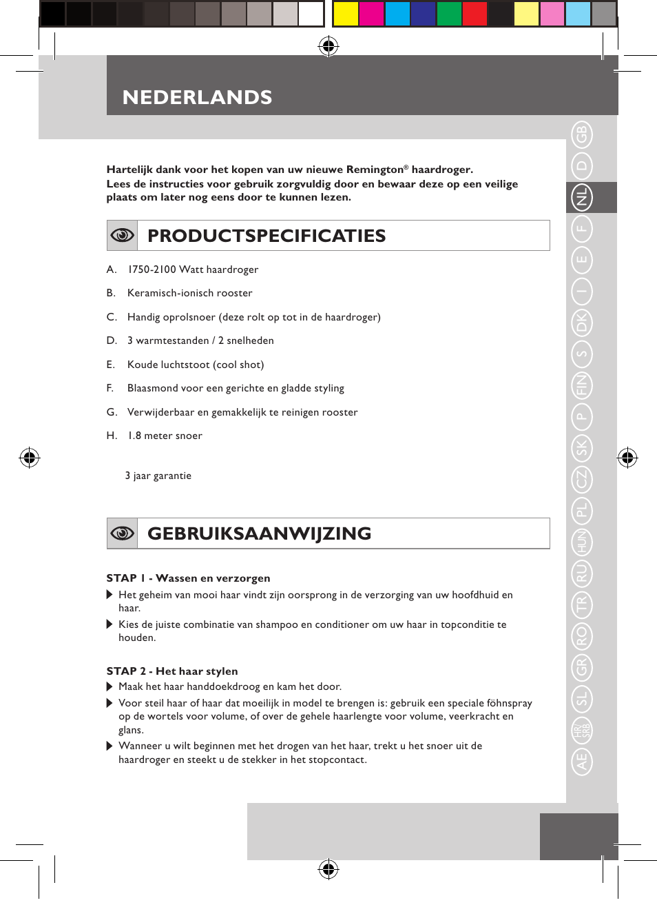 Nederlands, Productspecificaties, Gebruiksaanwijzing | Remington D5800 User Manual | Page 11 / 88