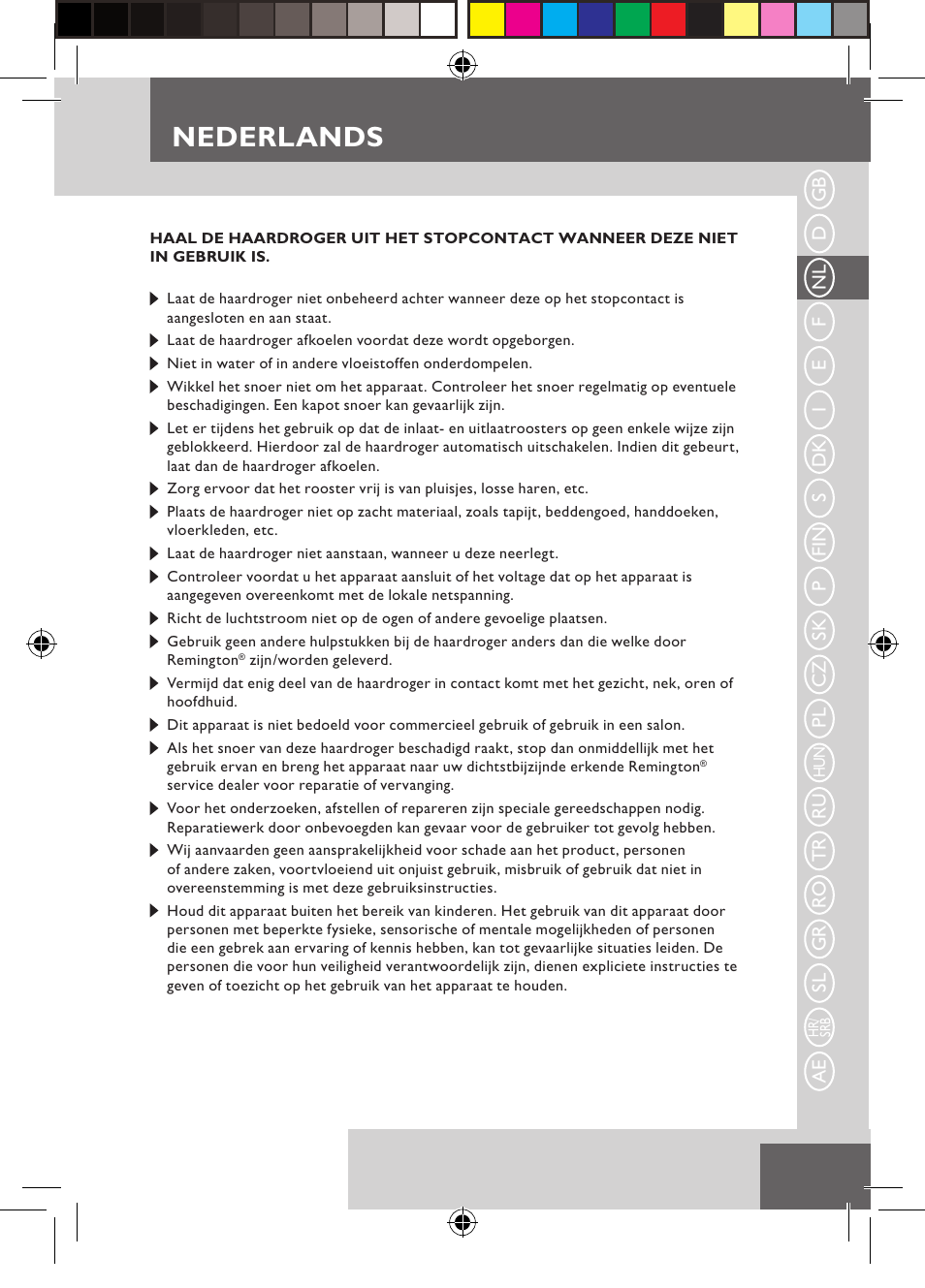 Nederlands | Remington D5800 User Manual | Page 13 / 88