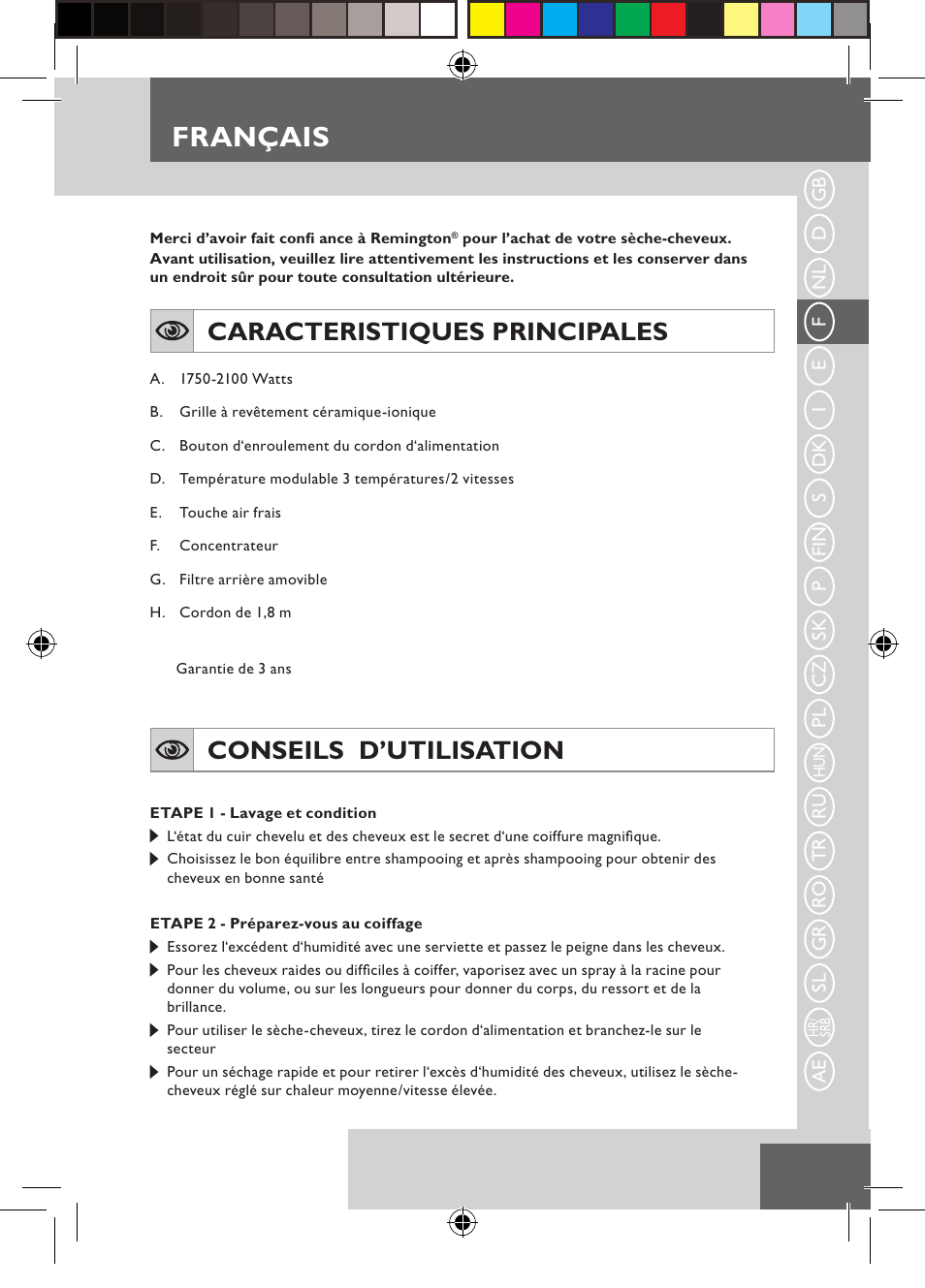 Français, Caracteristiques principales, Conseils d’utilisation | Remington D5800 User Manual | Page 15 / 88