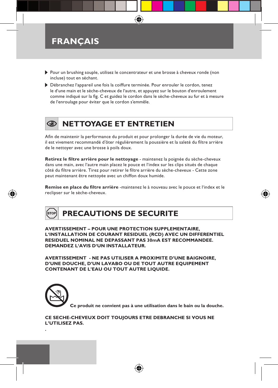 Français, Nettoyage et entretien, Precautions de securite | Remington D5800 User Manual | Page 16 / 88