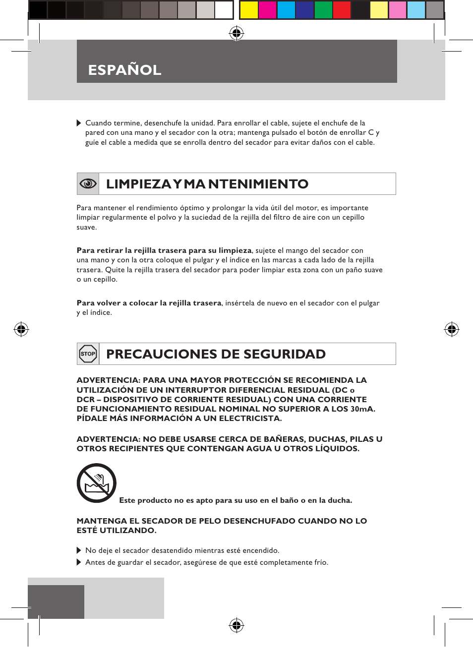 Español, Limpieza y ma ntenimiento, Precauciones de seguridad | Remington D5800 User Manual | Page 20 / 88