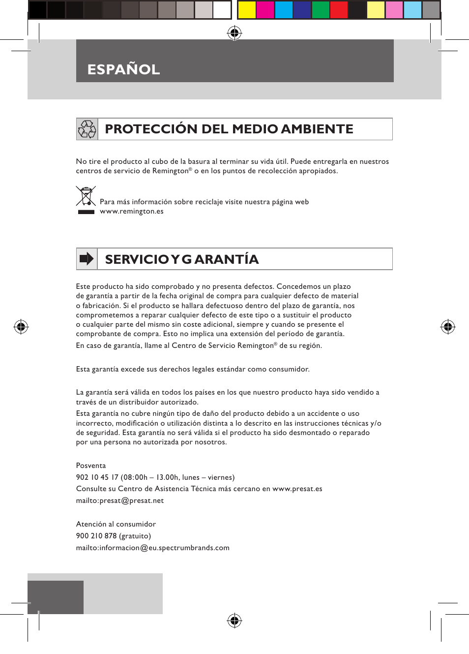 Español, Protección del medio ambiente, Servicio y g arantía | Remington D5800 User Manual | Page 22 / 88