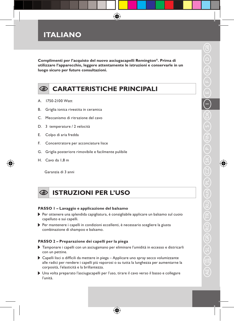 Italiano, Caratteristiche principali, Istruzioni per l’uso | Remington D5800 User Manual | Page 23 / 88