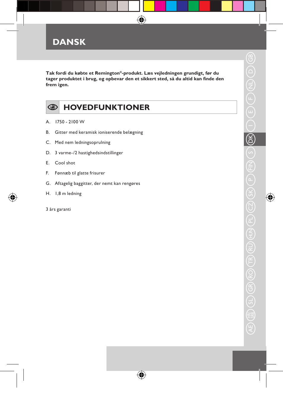 Dansk, Hovedfunktioner | Remington D5800 User Manual | Page 27 / 88