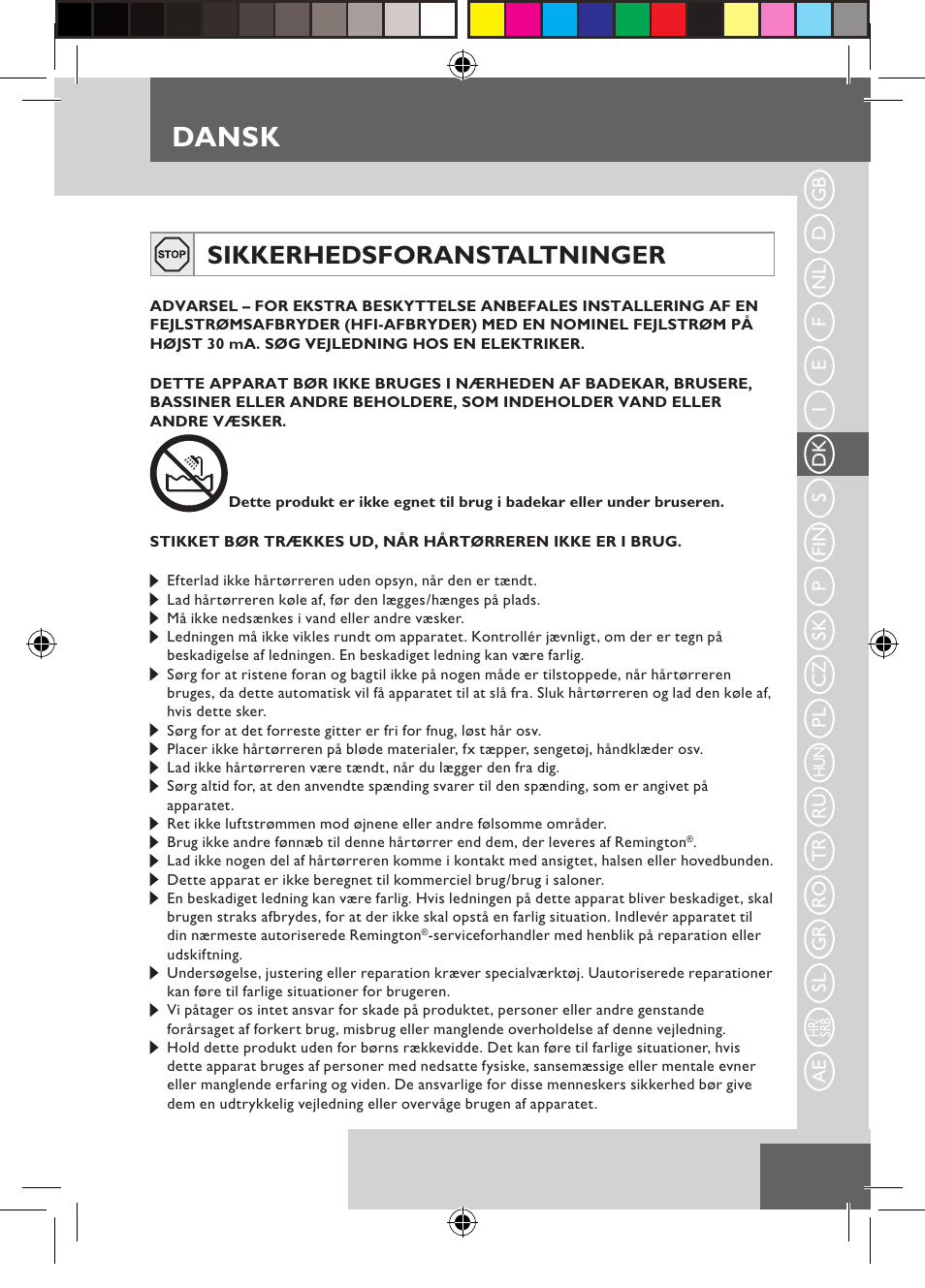 Dansk, Sikkerhedsforanstaltninger | Remington D5800 User Manual | Page 29 / 88