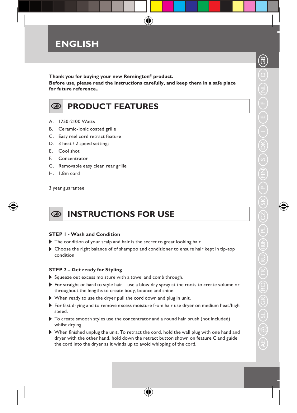 English, Product features, Instructions for use | Remington D5800 User Manual | Page 3 / 88