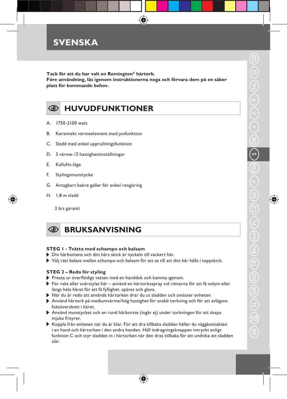 Svenska, Huvudfunktioner, Bruksanvisning | Remington D5800 User Manual | Page 31 / 88