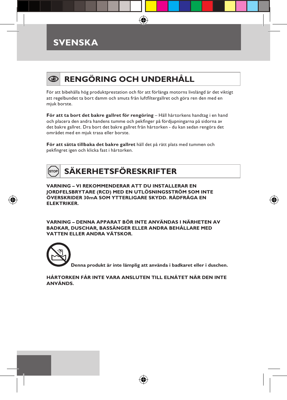 Svenska, Rengöring och underhåll, Säkerhetsföreskrifter | Remington D5800 User Manual | Page 32 / 88