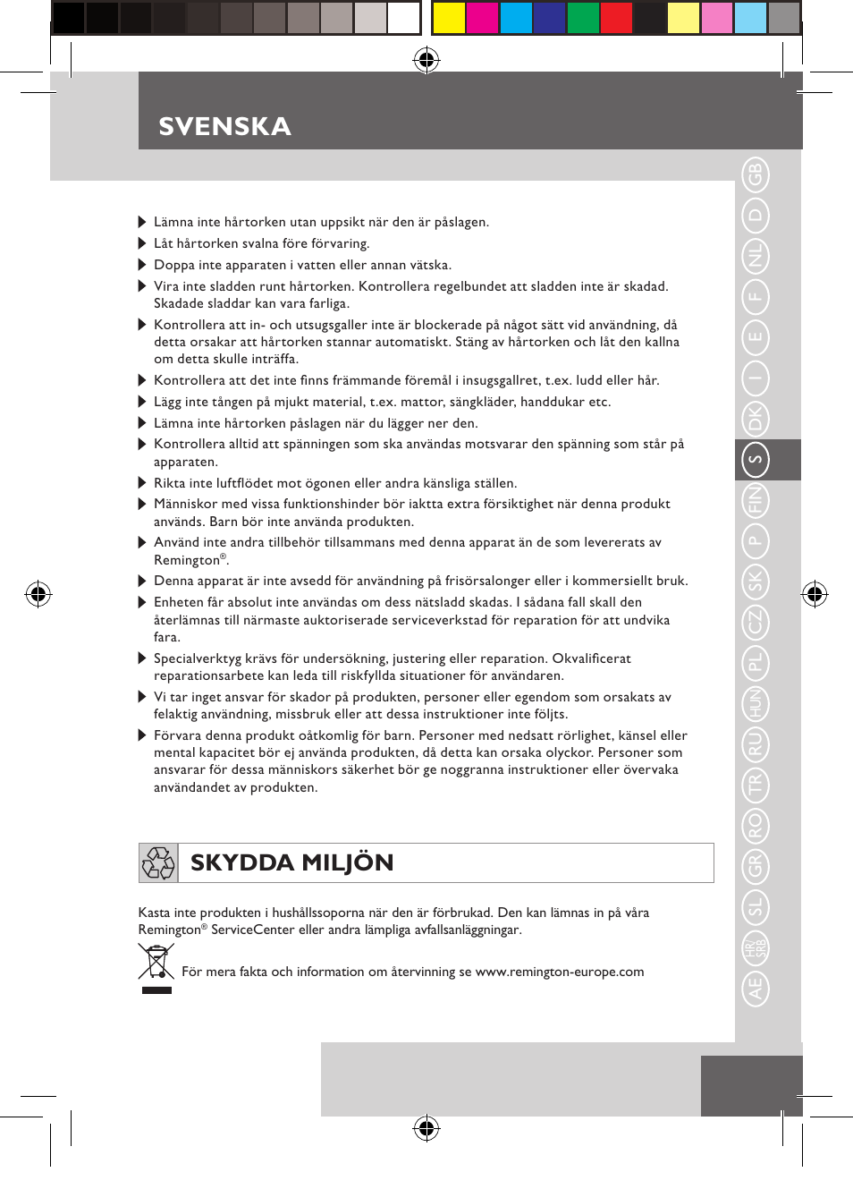 Svenska, Skydda miljön | Remington D5800 User Manual | Page 33 / 88