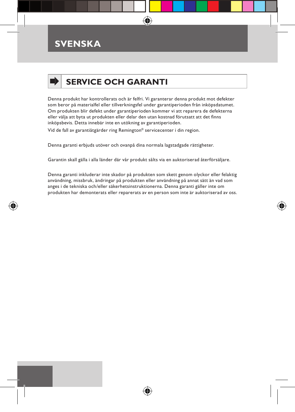 Svenska, Service och garanti | Remington D5800 User Manual | Page 34 / 88