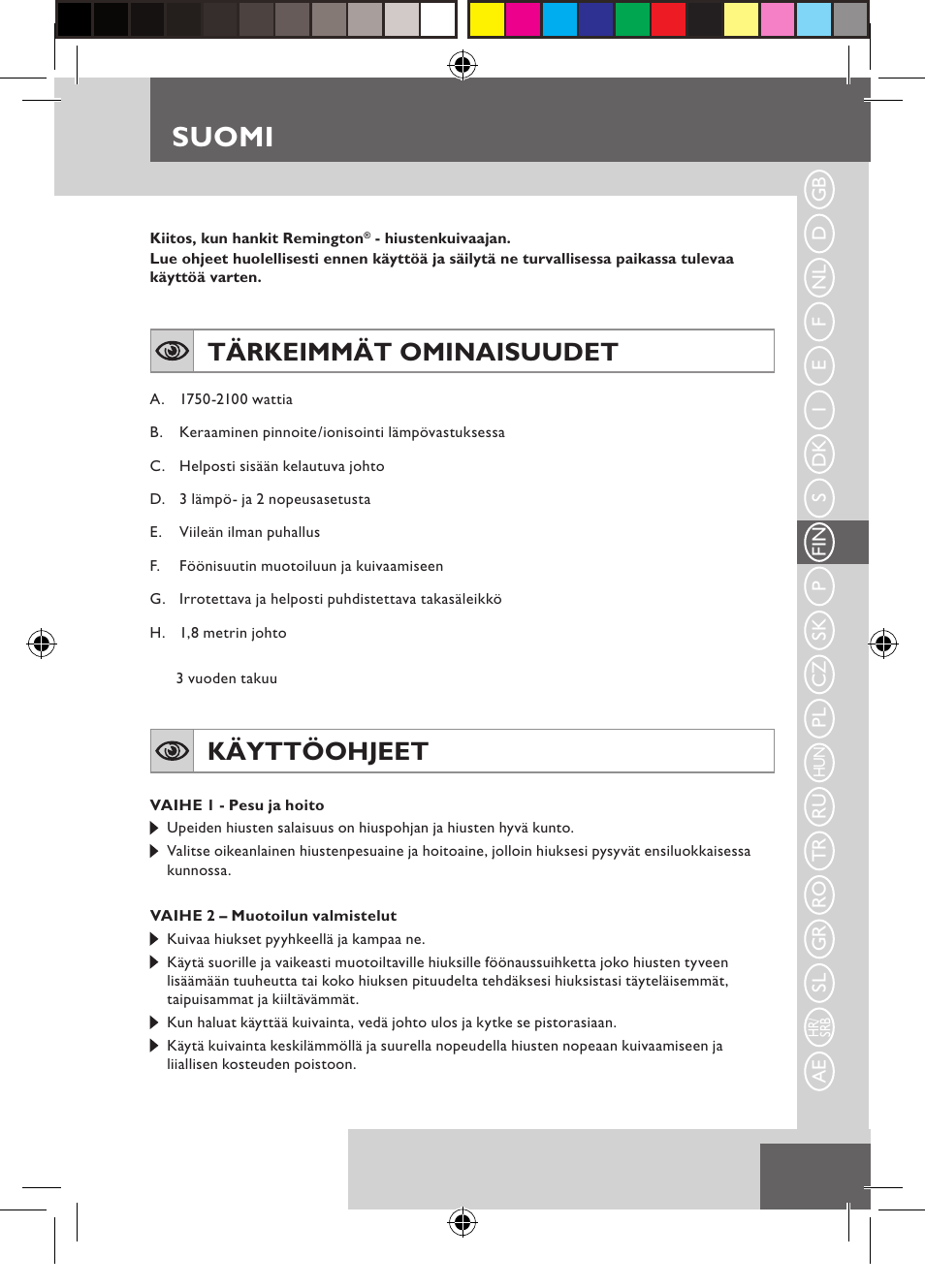 Suomi, Tärkeimmät ominaisuudet, Käyttöohjeet | Remington D5800 User Manual | Page 35 / 88