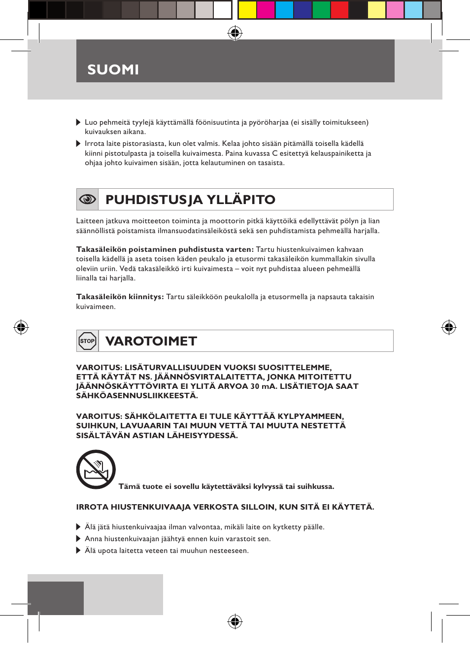 Suomi, Puhdistus ja ylläpito, Varotoimet | Remington D5800 User Manual | Page 36 / 88