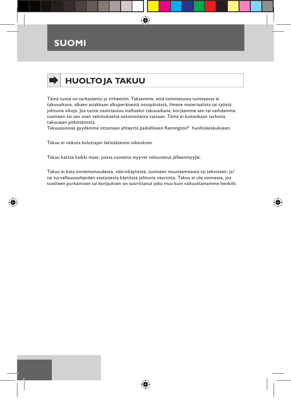 Suomi, Huolto ja takuu | Remington D5800 User Manual | Page 38 / 88