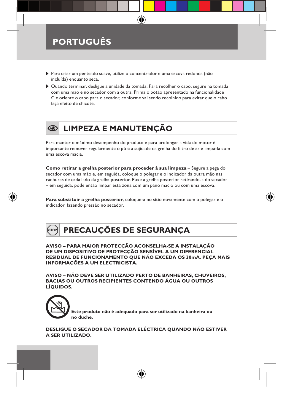 Português, Limpeza e manutenção, Precauções de segurança | Remington D5800 User Manual | Page 40 / 88