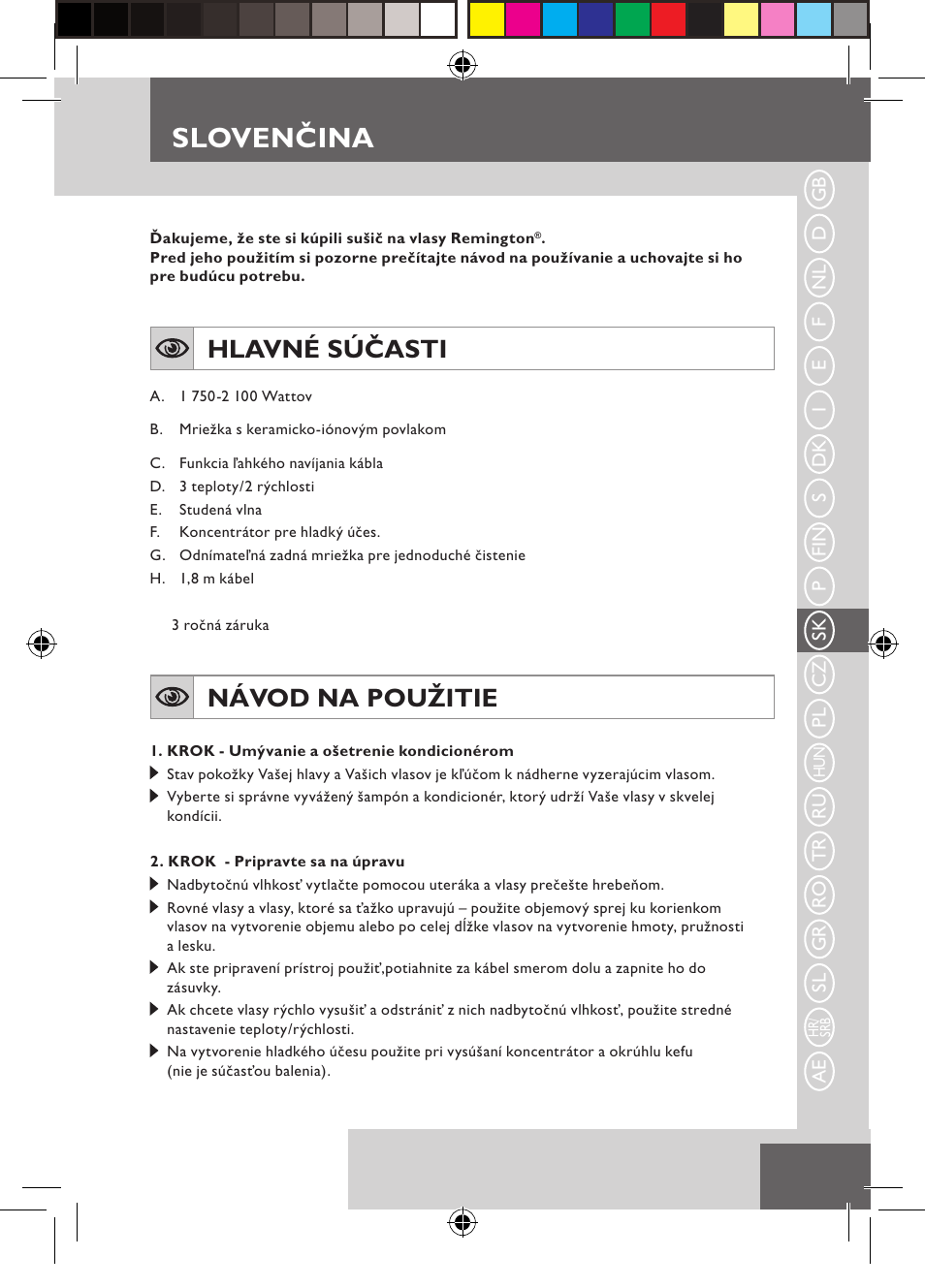 Slovenčina, Hlavné súčasti, Návod na použitie | Remington D5800 User Manual | Page 43 / 88