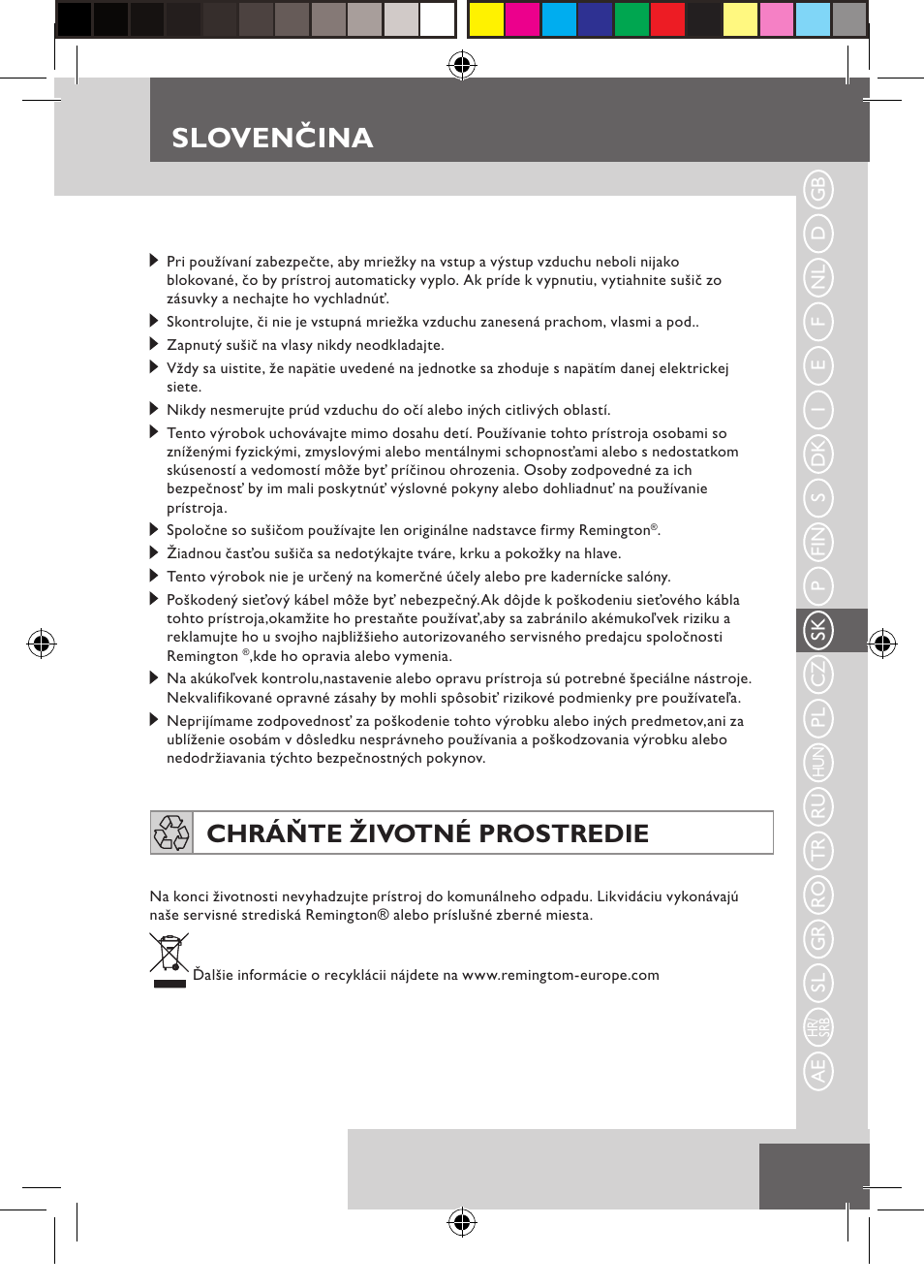 Slovenčina, Chráňte životné prostredie | Remington D5800 User Manual | Page 45 / 88