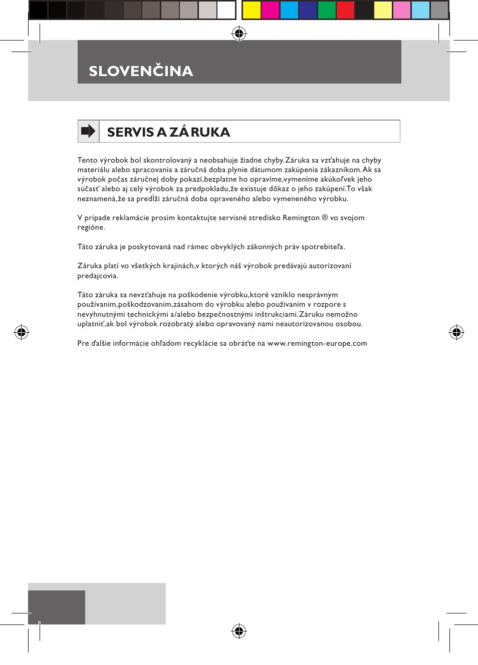 Slovenčina, Servis a zá ruka | Remington D5800 User Manual | Page 46 / 88