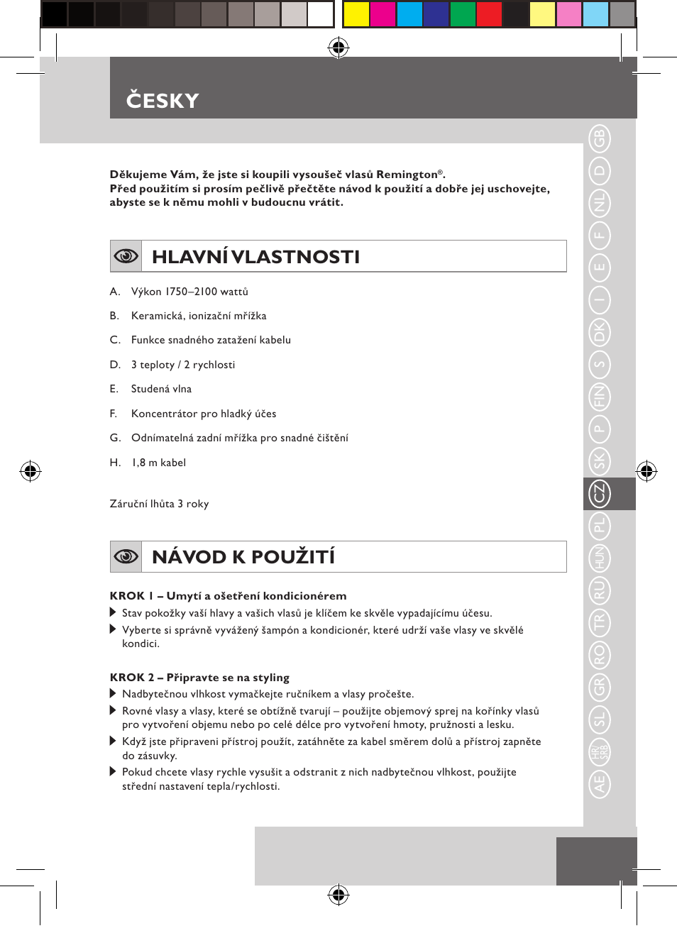 Česky, Hlavní vlastnosti, Návod k použití | Remington D5800 User Manual | Page 47 / 88