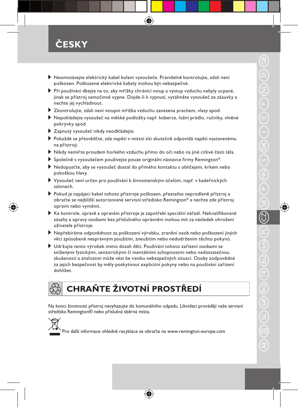 Česky, Chraňte životní prostředí | Remington D5800 User Manual | Page 49 / 88