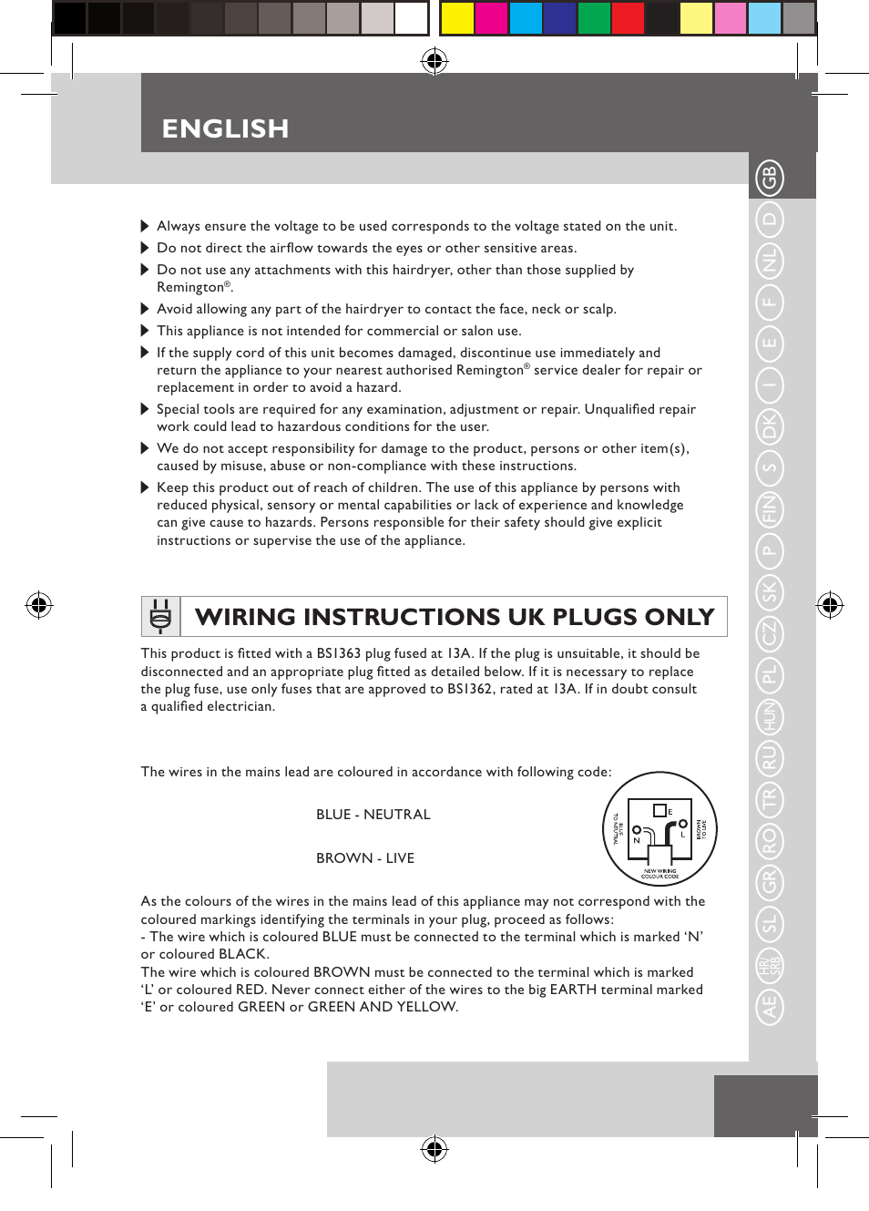 English, Wiring instructions uk plugs only | Remington D5800 User Manual | Page 5 / 88